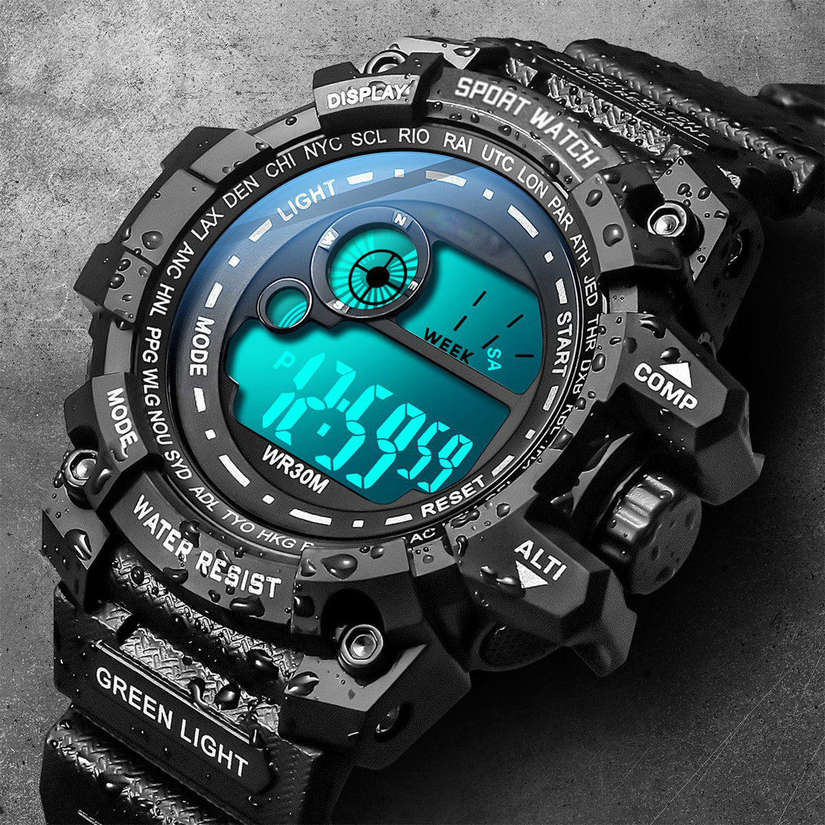 Black sporty digital student watch with teal backlight and green light strap detail