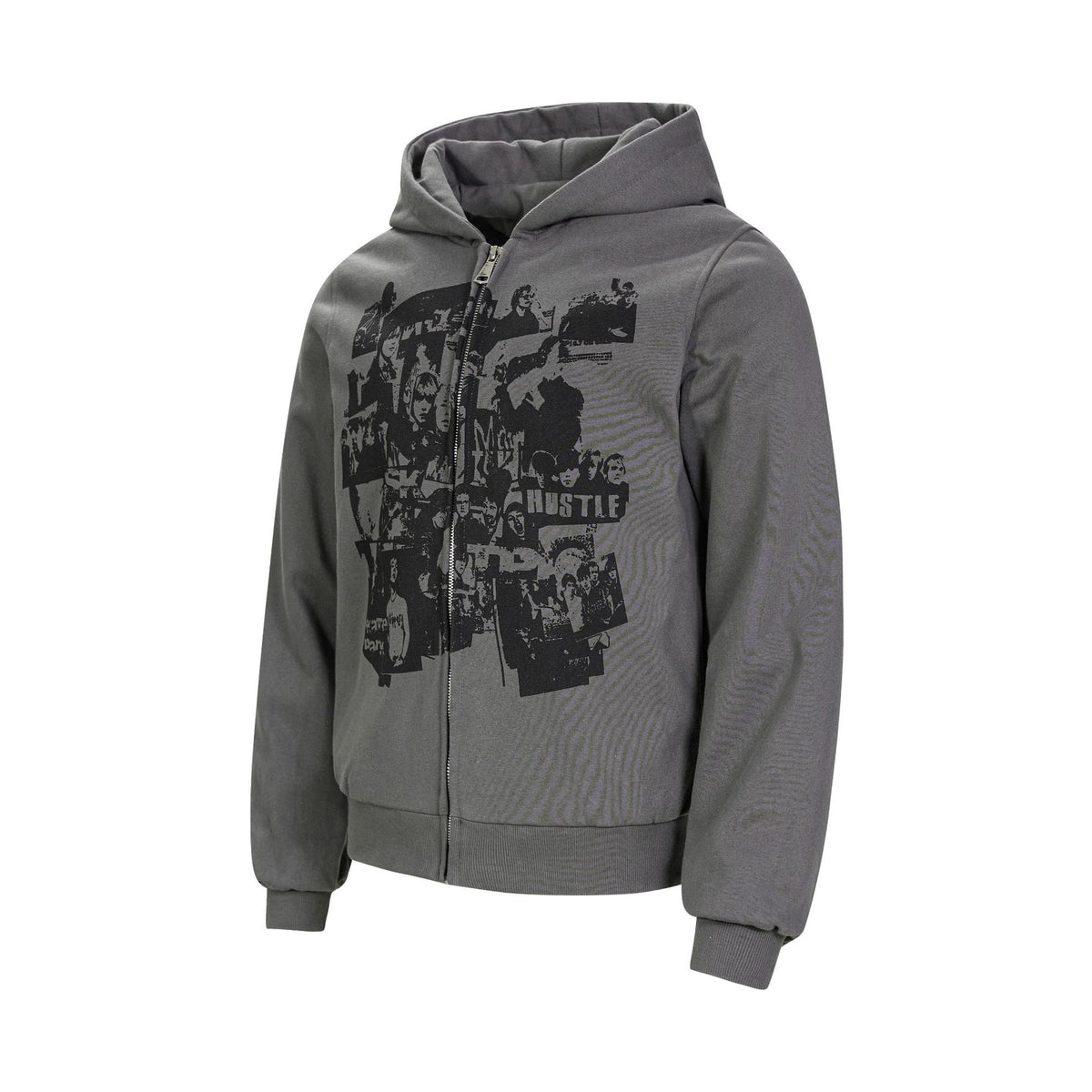 Dark gray zip-up hoodie, large black collage graphic and hood