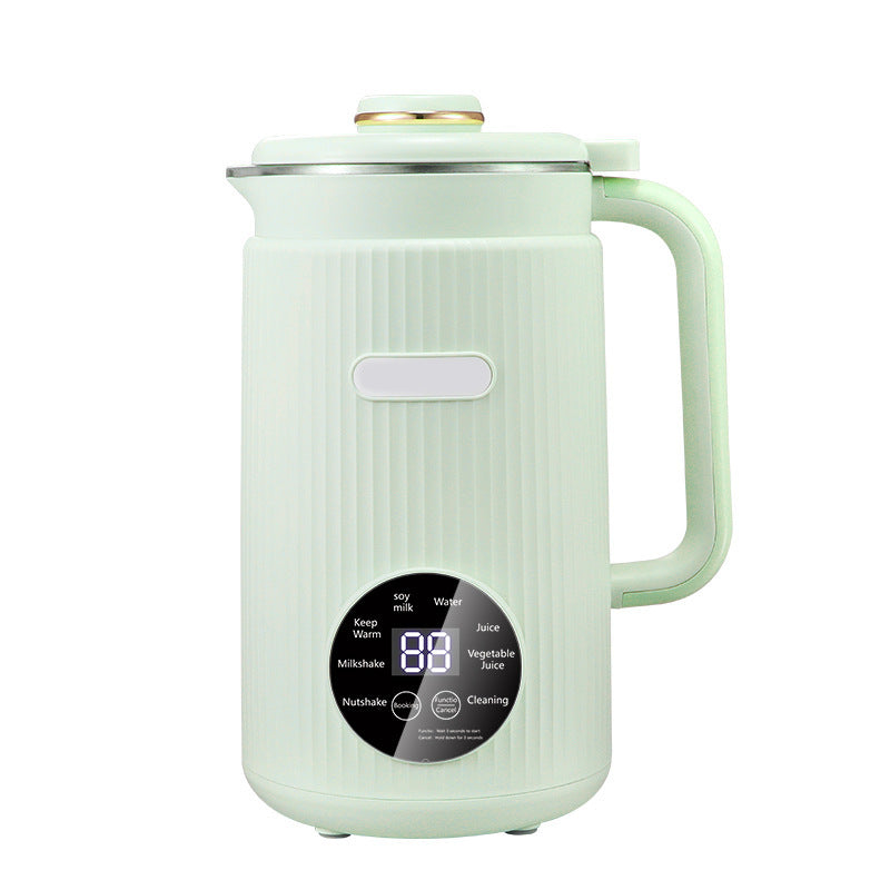 Green electric soy milk maker jug with carry handle, lid, and round digital control panel.