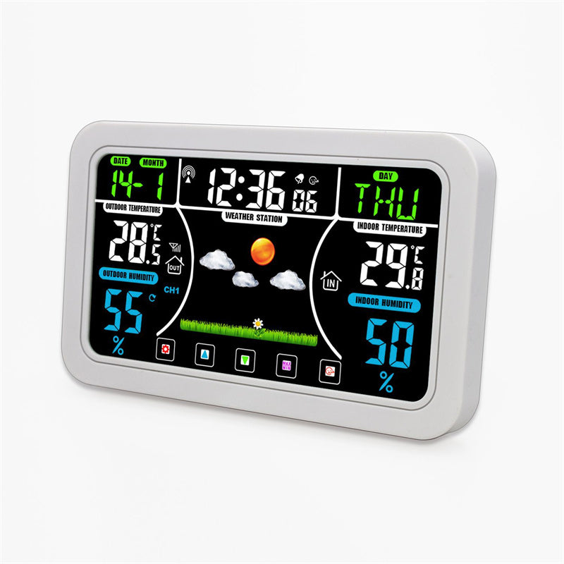 White wireless weather clock with color touchscreen, time, temperature, and humidity