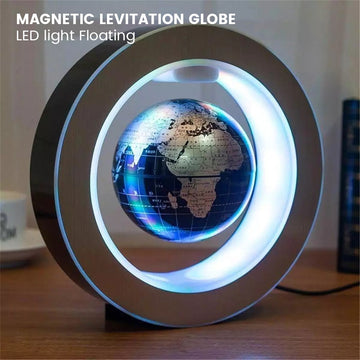 Magnetic levitation LED world map globe with blue glowing ring and floating Earth view