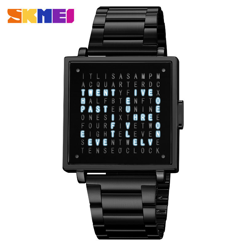 Black LED digital steel bracelet watch with square dark face and blue illuminated text