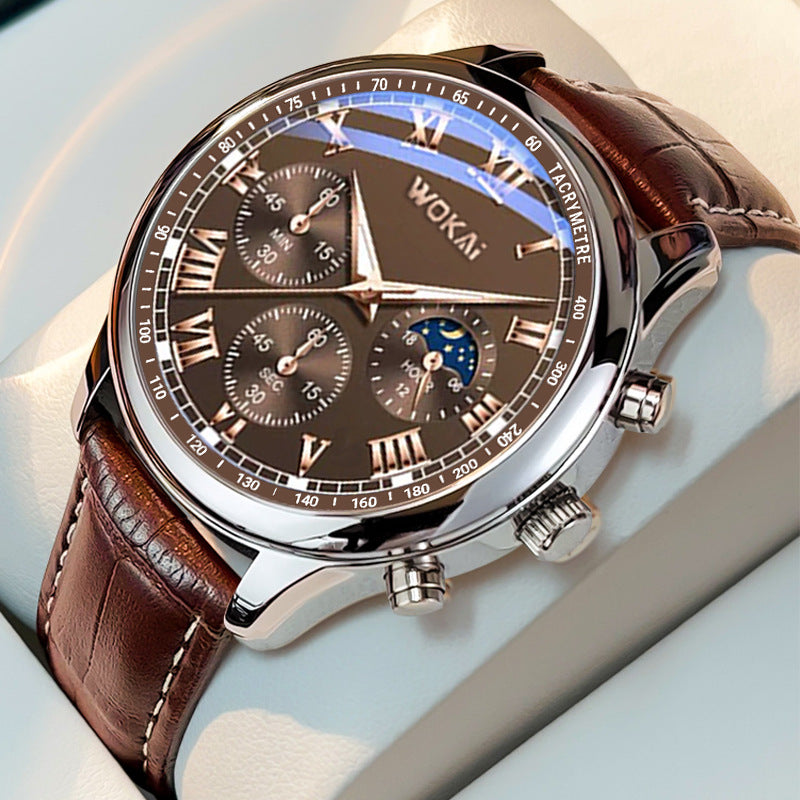 Men's quartz wristwatch, brown leather strap, dark dial with blue subdial
