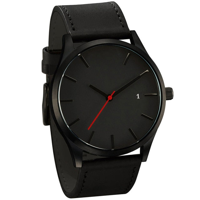 Men's fashion watch with black dial and black leather-style strap, side crown detail visible.