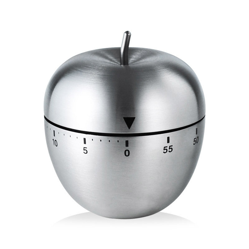 Stainless steel apple-shaped mechanical timer with top stem and countdown dial
