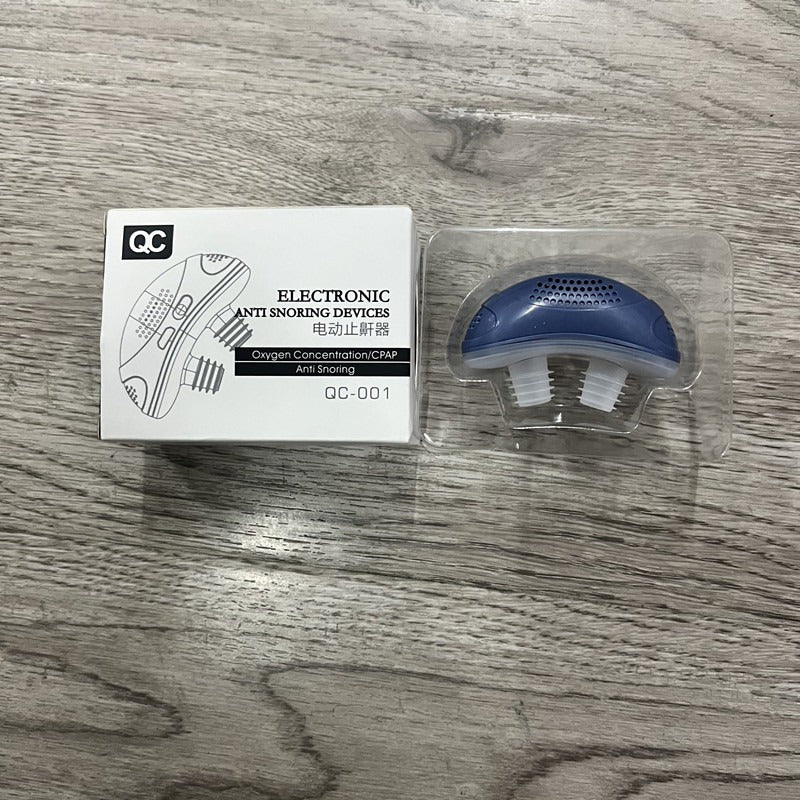 Blue electronic anti snoring device with mouthpiece in clear plastic blister.