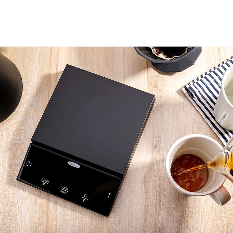 Black smart coffee electronic scale with digital display and touch buttons