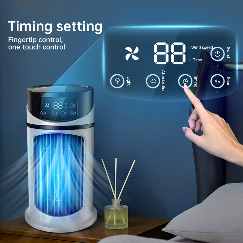 Air cooler fan with digital LCD control and blue-lit display window on the top unit
