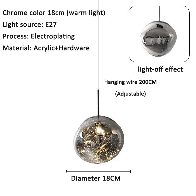 Single chrome spherical acrylic pendant globe with adjustable hanging wire, 18cm diameter