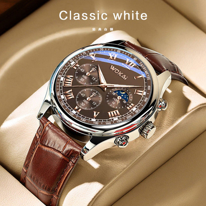 Men's quartz wristwatch, brown leather strap, dark dial with Roman numerals