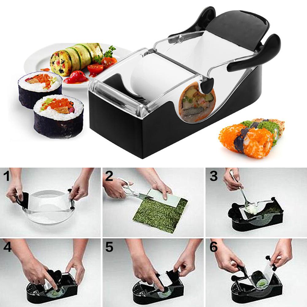 Sushi roll maker mold with clear lid and black base, forming three rolled sushi pieces