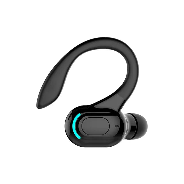 Black single-ear Bluetooth earphone with curved ear hook and glowing power button