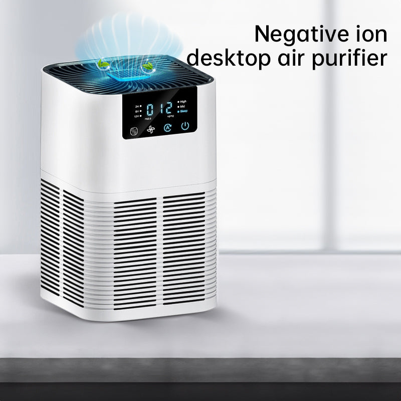 White desktop air purifier showing top air outlet and front LED display panel