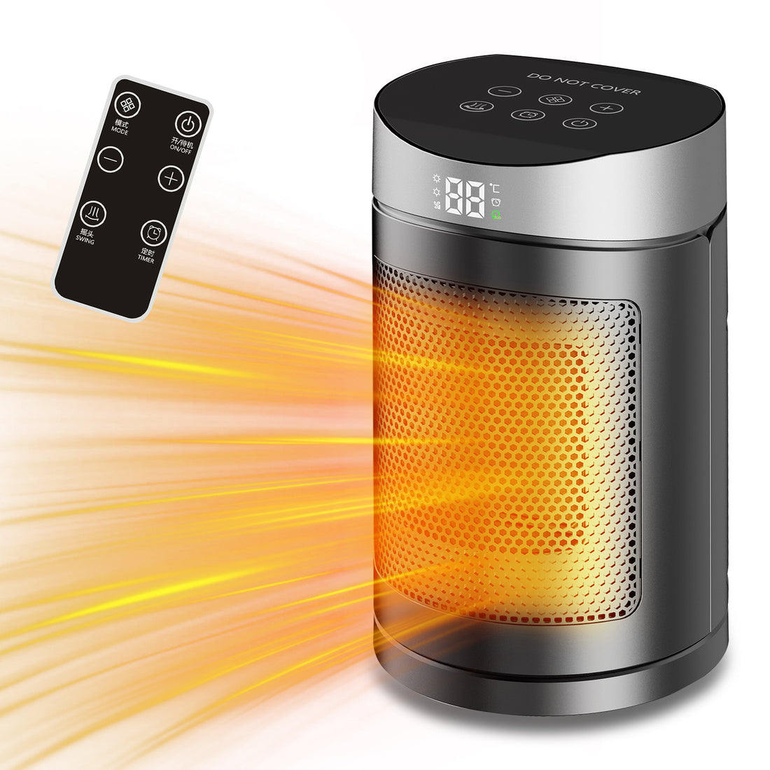 Desktop electric heater with heat glow window and remote control, black top and silver body