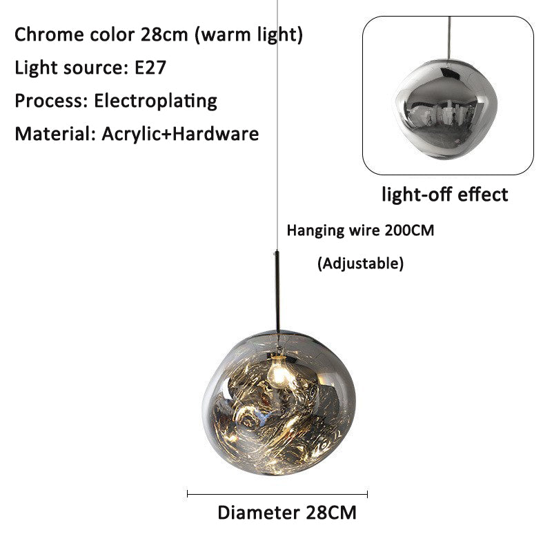 Single chrome spherical acrylic pendant globe with adjustable hanging wire, 28cm diameter