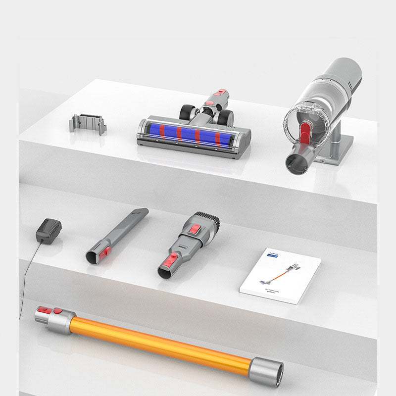 Cordless vacuum cleaner set with floor nozzle, brush attachments, and charging base