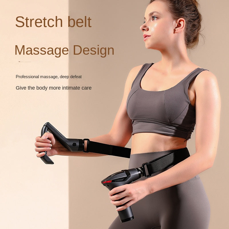 Fascia massage gun with stretch belt attachment, gray device and black straps