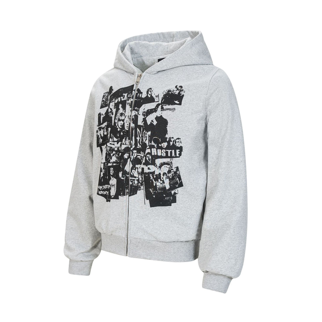 Light gray zip-up hoodie with black graphic collage and hood