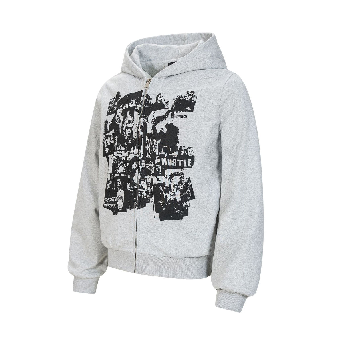 Light gray zip-up hoodie, front graphic collage print and hood