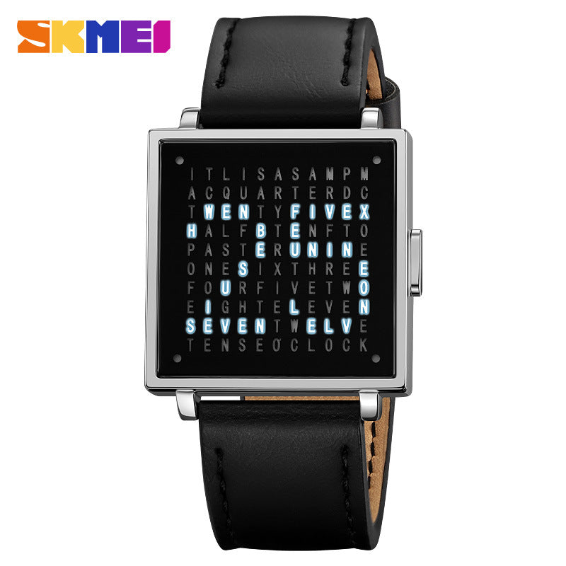 Silver LED digital watch with square dark face and black leather strap