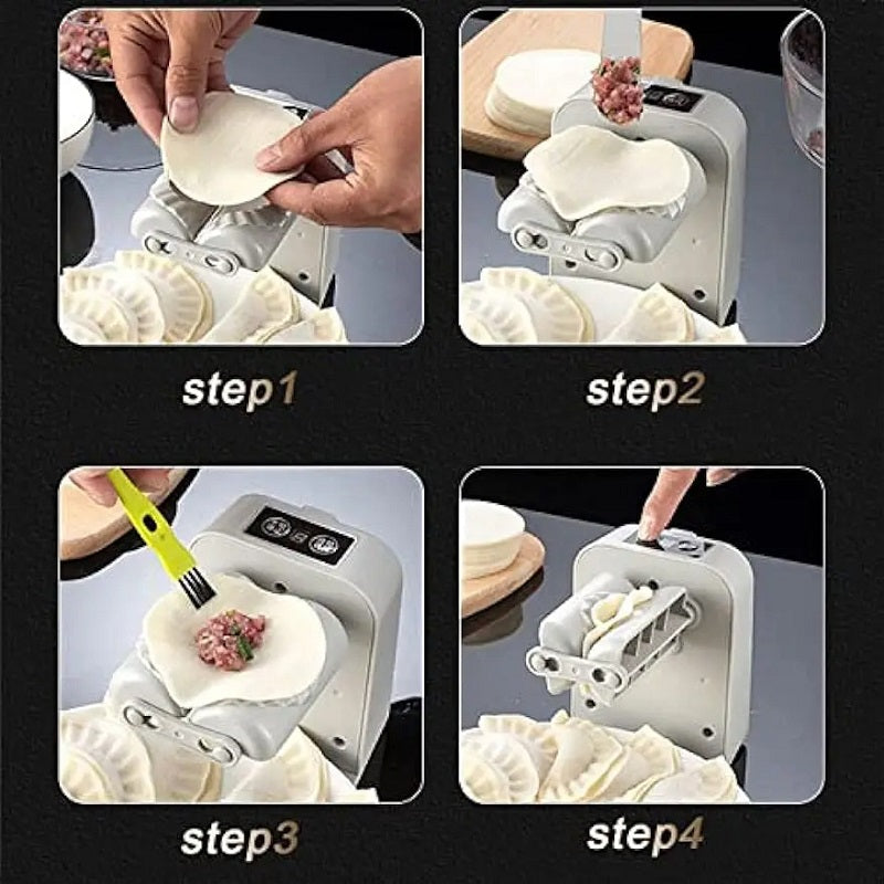 White electric dumpling maker with hand placing dough onto dumpling skin molds