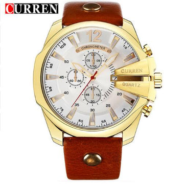 Men's quartz wristwatch with white dial, gold-tone case, and brown leather strap