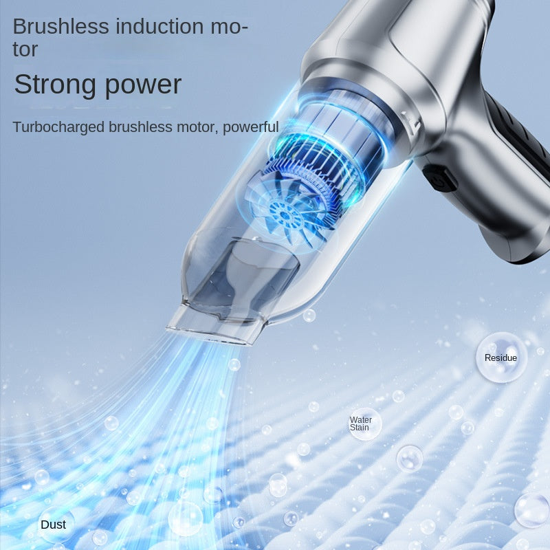 Portable handheld car vacuum cleaner with clear dust cup, silver-gray body and nozzle