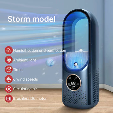 Portable air cooler fan with blue LED glow and front intake grille, black and white