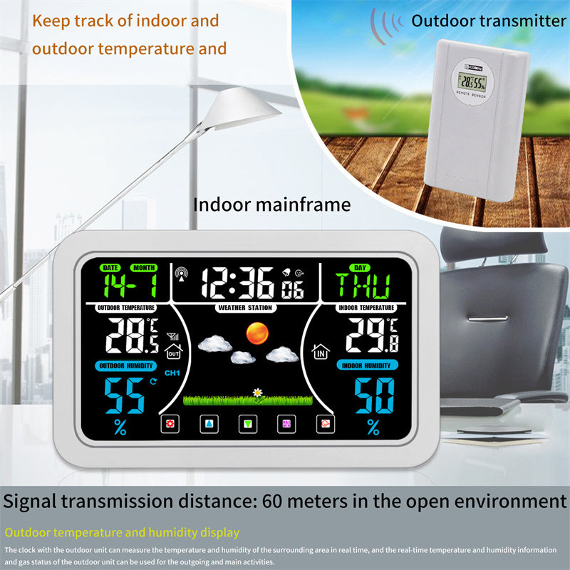 White wireless weather clock with color screen plus outdoor transmitter for temperature and humidity