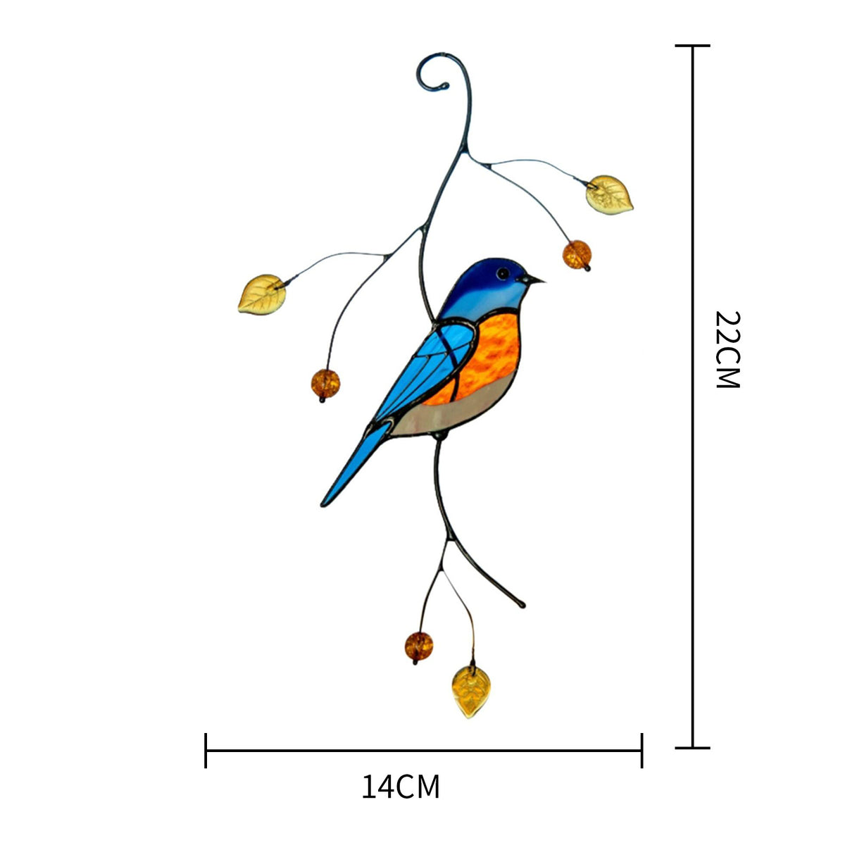 Cartoon bird wall sticker with blue body and orange details, 22 x 14 cm hanging branch