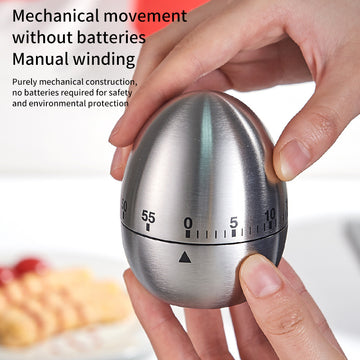 Stainless steel egg-shaped mechanical kitchen timer with numbered countdown dial