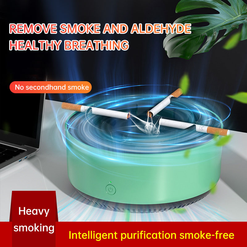 Green air purifier ashtray with two cigarettes and a glowing airflow ring