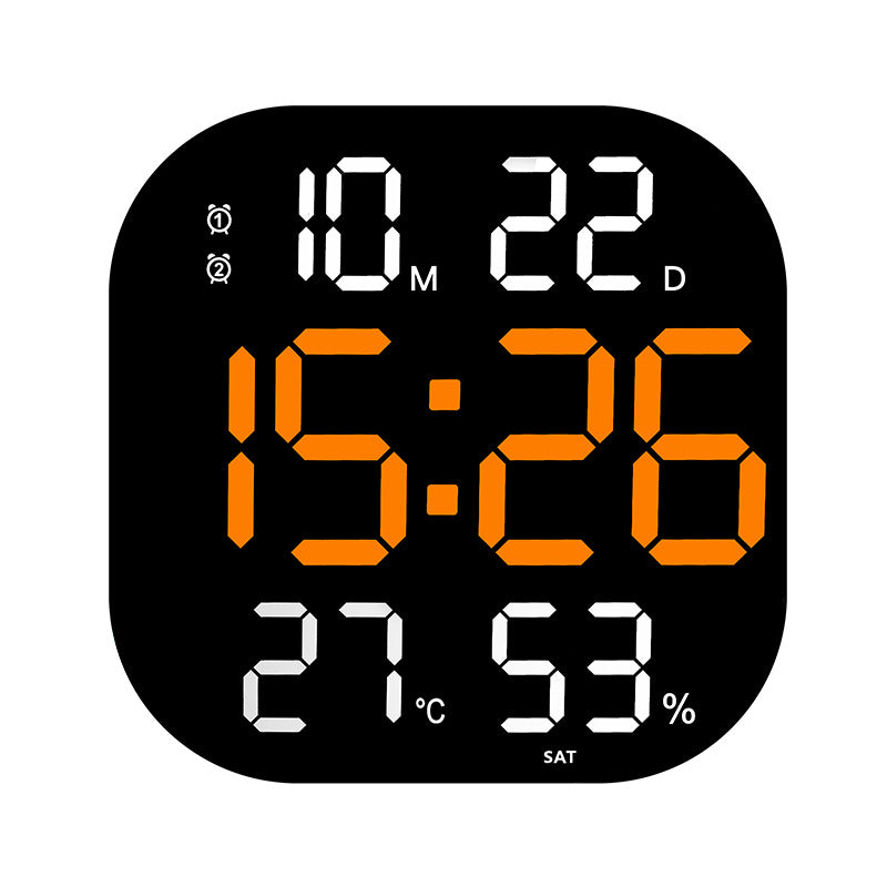 LED wall clock with orange time and large orange countdown, white icons, and °C/%