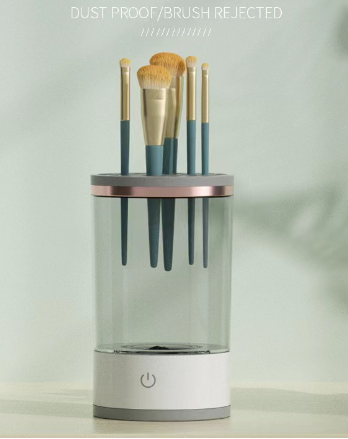 Makeup brush washer with base slots holding brushes above a drying chamber