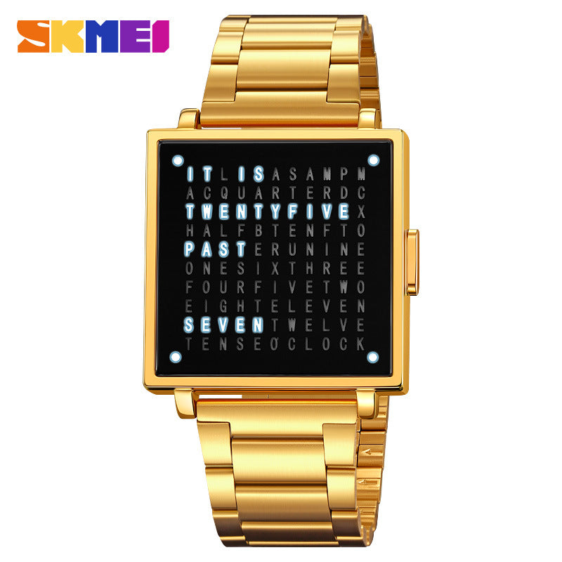 Gold LED digital steel bracelet watch with square dark face and blue light display