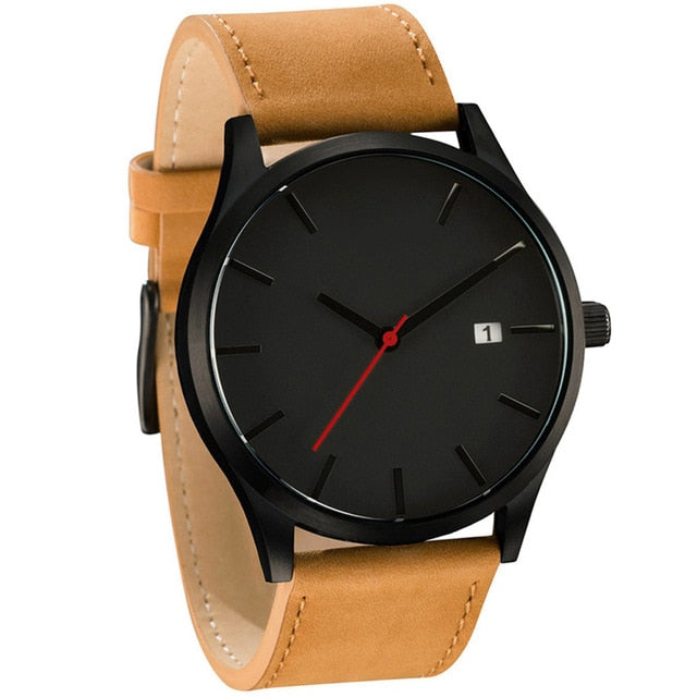 Men's fashion watch with black dial and tan leather-style strap, silver-tone bezel.