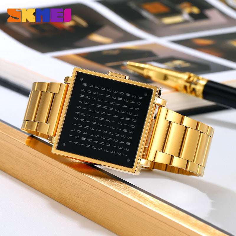 Gold LED digital steel bracelet watch with square dark face and blue lit numbers