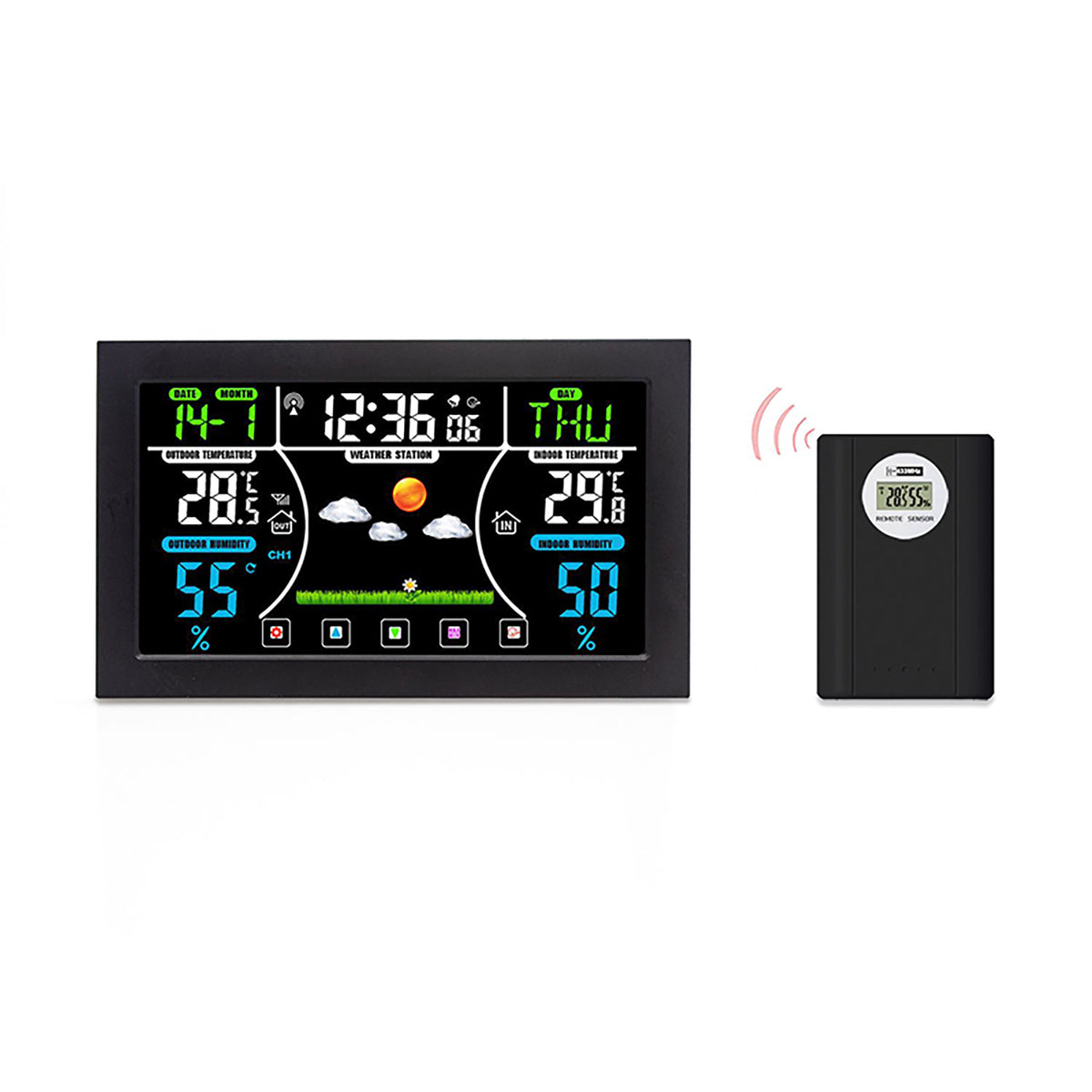 Dark wireless weather clock with color touchscreen and black outdoor sensor transmitter