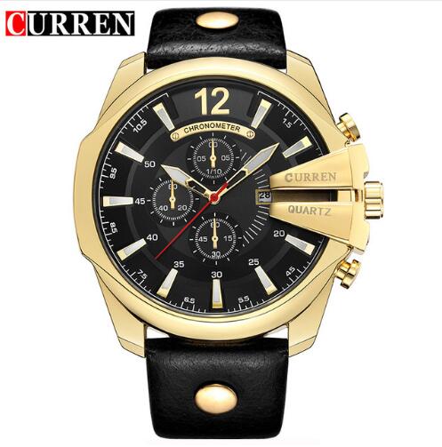 Men's quartz wristwatch with black dial, gold-tone case, and black leather strap