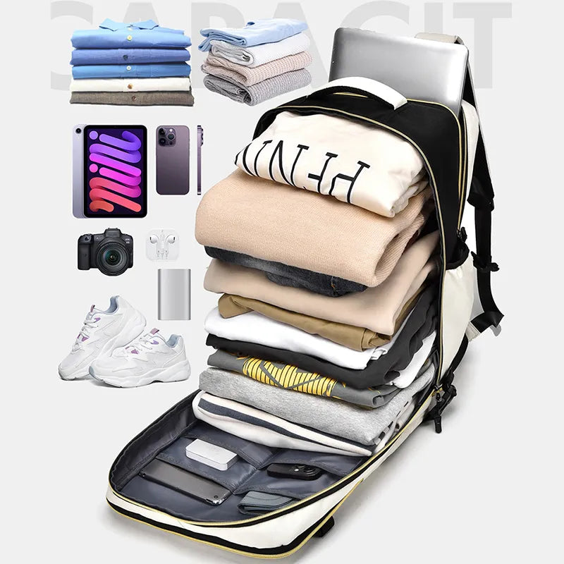 Backpack bag opened to organizer interior with stacked folded clothes and small pockets