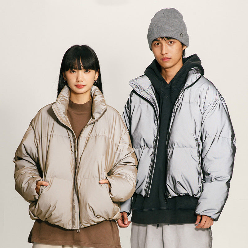 Black stand-collar down jacket with zip front and padded reflective texture