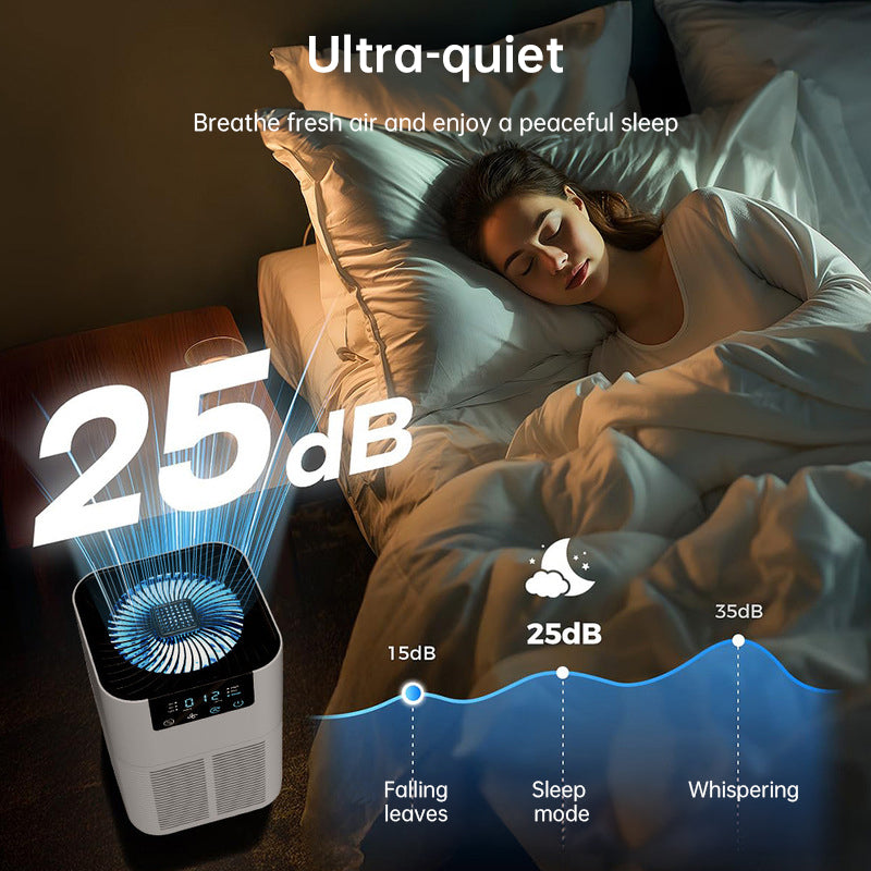 White desktop air purifier on nightstand, shown near sleeping room setup