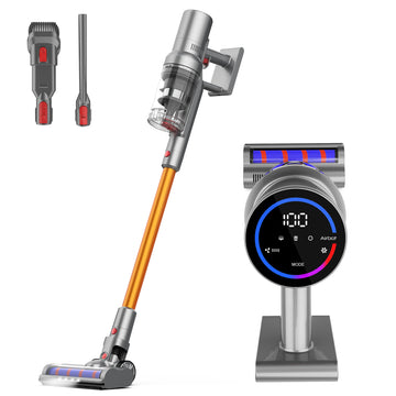 Cordless handheld vacuum cleaner with orange handle and charging dock, gray body