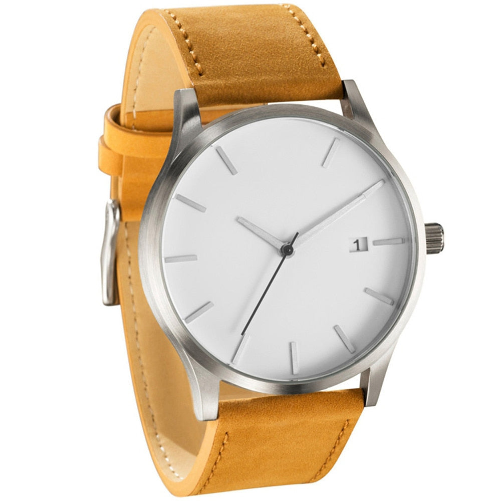 Men's fashion watch with white dial and tan leather-style strap, silver-tone round case.