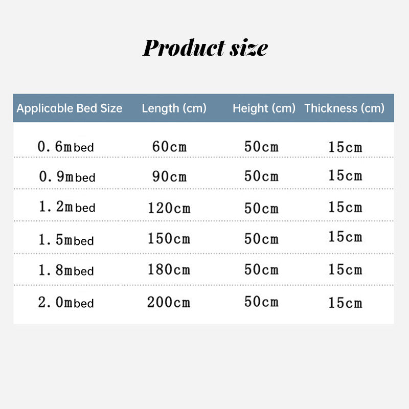 Bed backrest cushion product size chart with applicable bed sizes and measurements.
