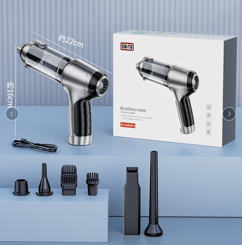 Handheld vacuum cleaner with accessory nozzles and retail box packaging in silver-gray