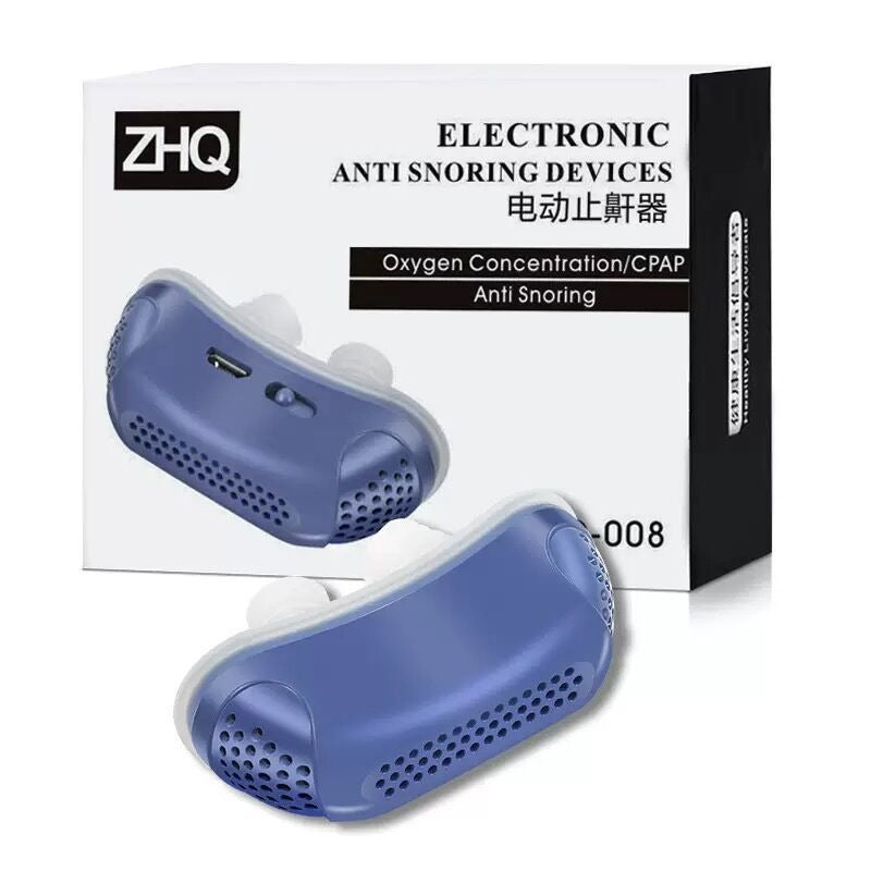 Blue electronic anti snoring device set with retail box and mouthpiece.