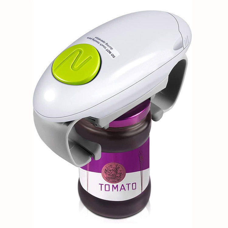 Electric bottle opener with green button, gripping a glass bottle by the cap