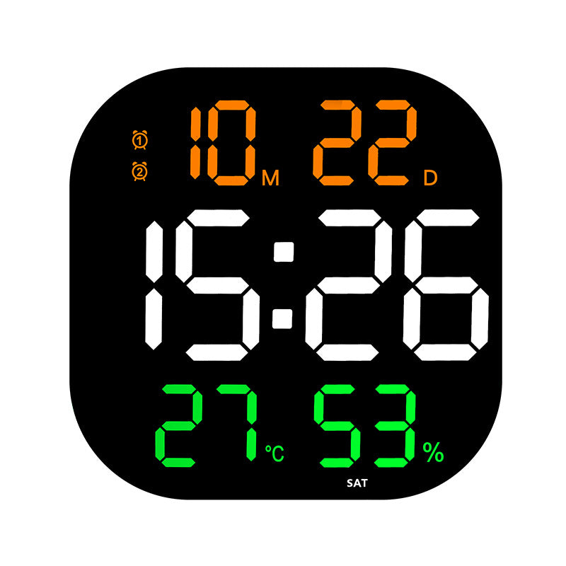 LED wall clock with green time and large green countdown, white icons, and °C/%