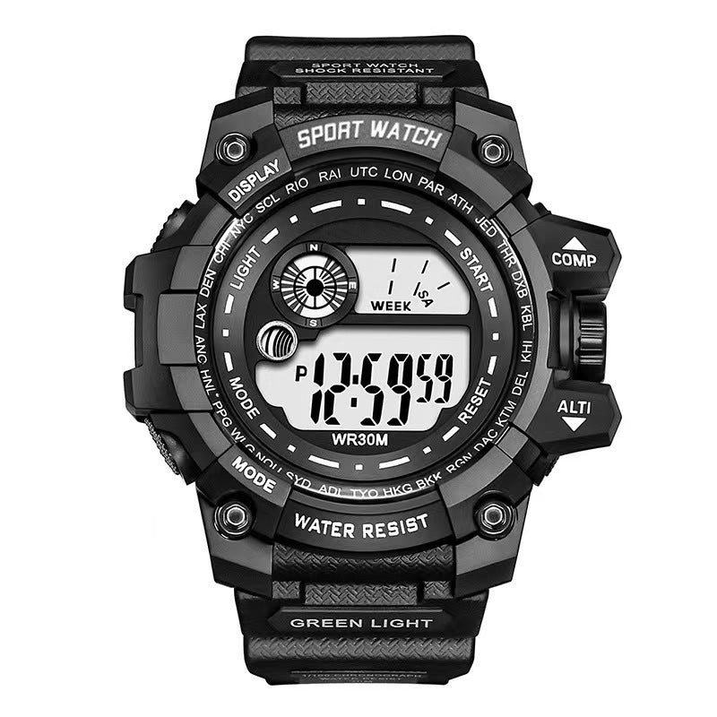 Black sporty digital student watch with teal backlight and green light strap detail